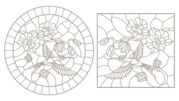 Um conjunto de ilustrações de contorno de vitrais janelas com beija-flor e orquídeas, imagens redondas e retangulares — Vetor de Stock