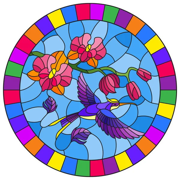 Ilustração em estilo vitral com um ramo de orquídea rosa e beija-flor brilhante em um fundo azul, imagem redonda em quadro brilhante — Vetor de Stock