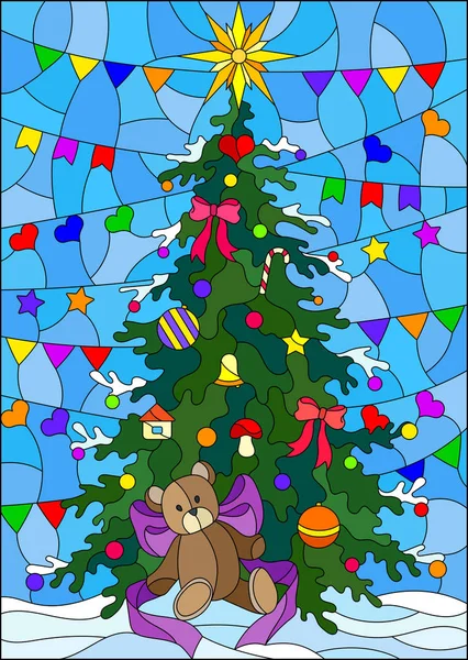 Ілюстрація у вітражному стилі з ялинкою та іграшковим ведмедем на синьому фоні з різнокольоровими прапорами — стоковий вектор