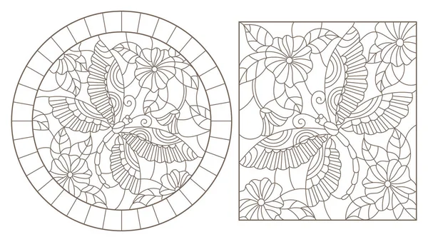 Conjunto de ilustraciones de vidrieras con libélulas y flores, imágenes redondas y rectangulares — Vector de stock