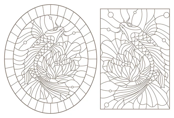 Una serie di illustrazioni di contorno di vetrate con pesci e fiori di loto, contorni scuri su sfondo bianco, immagini ovali e rettangolari — Vettoriale Stock