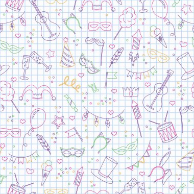 Maskeli balo ve carnival, basit konulu seamless modeli temiz yazma kitap gökyüzünde bir kafes kontur simgeler renkte