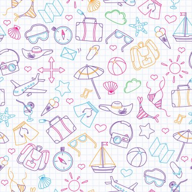 Yaz ve tatil, renkli anahat bir kafes içinde temiz yazma kitap sayfada tema üzerinde çizilmiş basit simgelerle sorunsuz arka plan