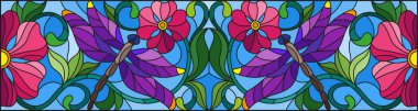 Vitray stil parlak dragonflys, çiçek ve yaprak, mavi bir arka plan üzerinde resimde