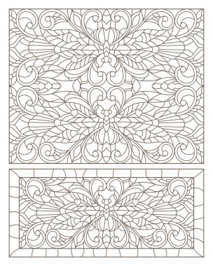 Vitray Windows dragonflys ve çiçekler, beyaz bir arka plan üzerinde koyu konturlar ile kontur resimler ayarla