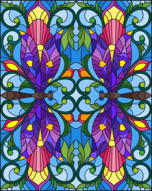 Vitray stil parlak dragonflys, çiçek ve yaprak, mavi bir arka plan üzerinde resimde