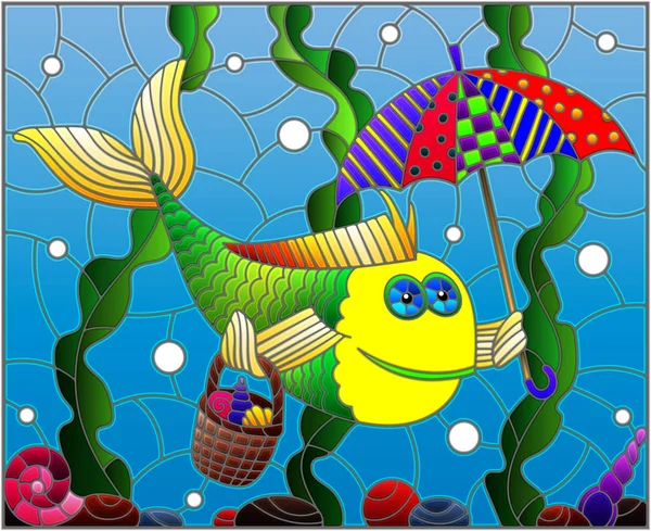 Ilustración en estilo vitral con dibujos animados divertidos peces bajo un paraguas en el fondo del fondo del mar y las algas — Vector de stock