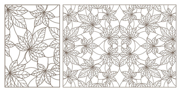 Set of contour illustrations of stained glass Windows with abstract leaf backgrounds, dark outlines on white background