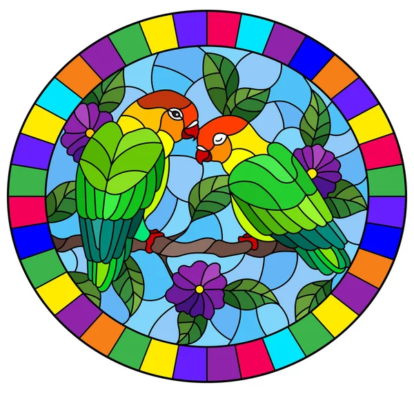 Ilustración en estilo vidriera con par de pájaros loros tortolitos en rama árbol con flores púrpura contra el cielo, imagen ovalada en marco brillante — Archivo Imágenes Vectoriales