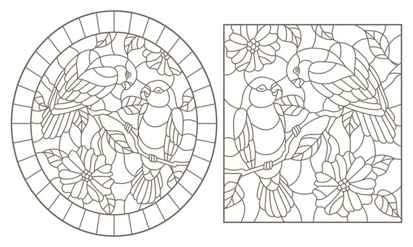 Un ensemble d'illustrations de contours de vitraux avec perroquets tourtereaux et fleurs, contours sombres sur fond blanc — Image vectorielle