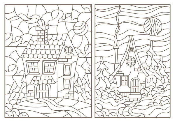 Набор контурных иллюстраций витражей с деревенскими домами на фоне пейзажей, темных контуров на белом фоне — стоковый вектор
