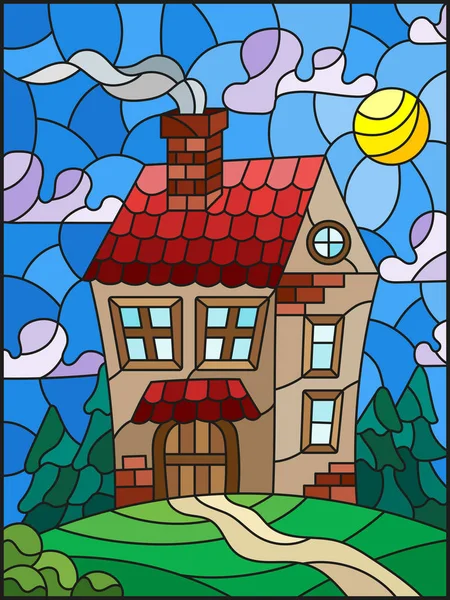 Ilustração em estilo vitral com uma casa solitária em um fundo de floresta verde e céu — Vetor de Stock