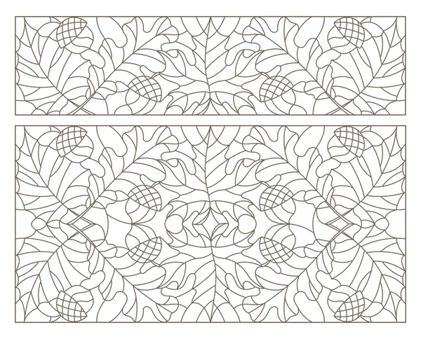 Conjunto de ilustraciones de contorno de vidrieras con hojas de arce, roble, álamo y bellotas, contornos oscuros sobre un fondo blanco — Archivo Imágenes Vectoriales
