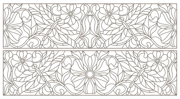 Set of contour illustrations of stained glass Windows with dragonflys and flowers, dark contours on a white background — Stock Vector