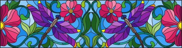 Εικονογράφηση στο λεκιασμένο γυαλί στυλ με φωτεινή dragonflys, λουλούδια και φύλλα, πάνω σε μπλε φόντο — Διανυσματικό Αρχείο
