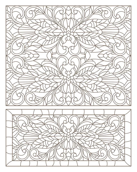 Набор контурных иллюстраций витражных окон со стрекозами и цветами, темные контуры на белом фоне — стоковый вектор