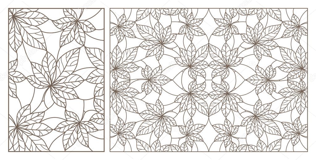 Set of contour illustrations of stained glass Windows with abstract leaf backgrounds, dark outlines on white background