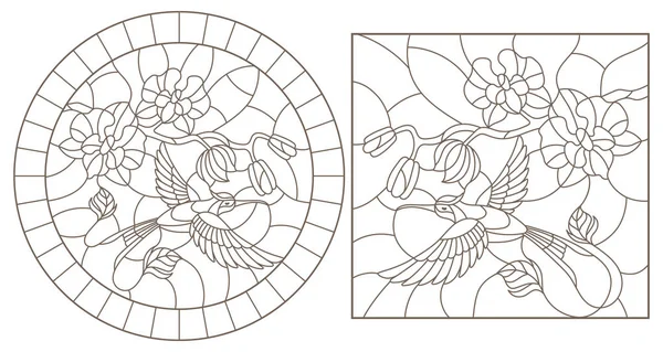 Um conjunto de ilustrações de contorno de vitrais janelas com beija-flores e orquídeas, imagens redondas e retangulares — Vetor de Stock