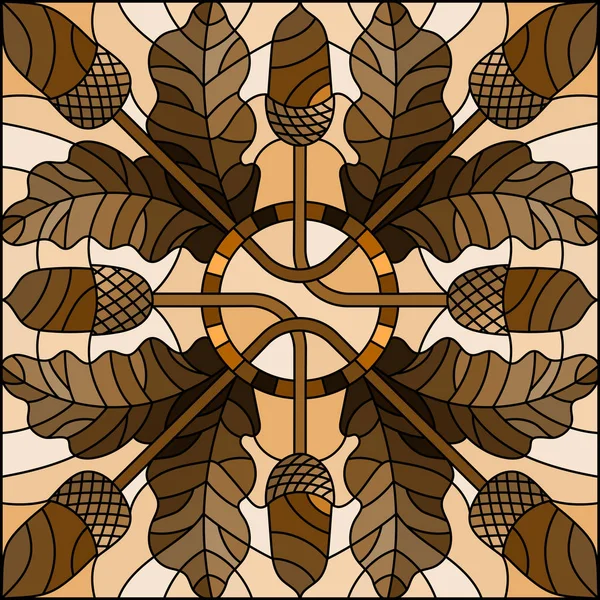 オークの葉とドングリ、正方形の画像、トーンのブラウン、セピア色の秋の組成を持つステンド グラス風イラスト — ストックベクタ