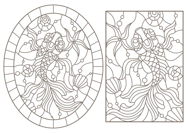 Set di illustrazioni di contorno con pesci rossi su sfondo acqua e conchiglie, contorni scuri su sfondo bianco — Vettoriale Stock