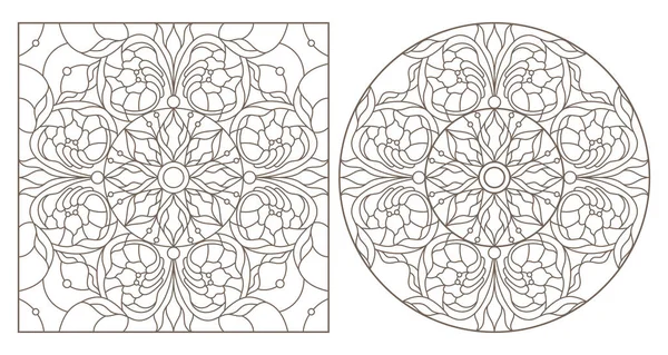Набір контурних ілюстрацій з абстрактними квітковими візерунками, круглим і квадратним зображенням, темні контури на білому тлі — стоковий вектор