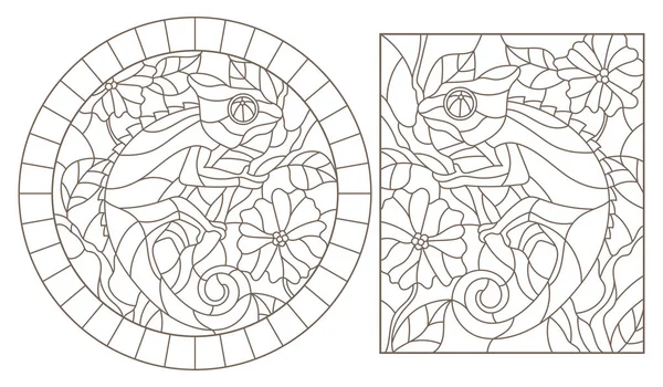 Набір контурних ілюстрацій з хамелеонами на тлі гілок квітучої рослини, темні контури на білому тлі — стоковий вектор