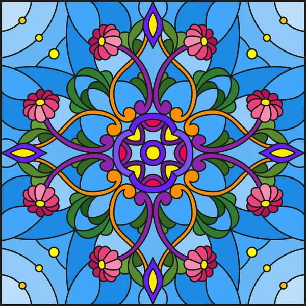 Ilustracja witraże z streszczenie ornamenty kwiatowe, kwiaty, liście i loki na niebieskim tle, ilustracja kwadrat — Wektor stockowy