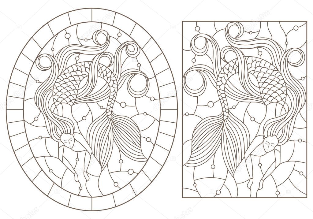 Set of contour illustrations with mermaids on water and air bubbles background, dark outlines on white background