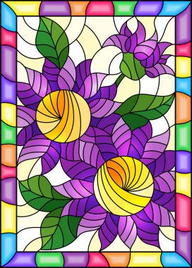 Üç parlak mor çiçekler, vitray stiliyle çizimde tomurcukları ve parlak çerçeve içinde sarı bir arka plan üzerinde bırakır