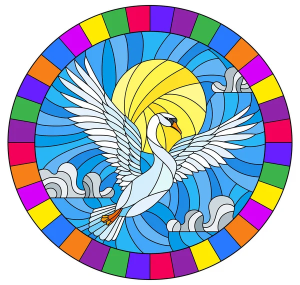 The illustration in stained glass style painting with a flying white swan on the background of sky, sun and clouds, the oval image of the bright frame — Stock Vector