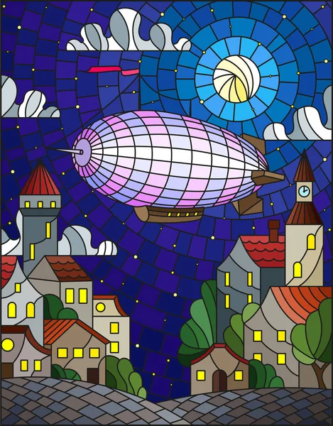 Ilustração em estilo vitral com balão arco-íris brilhante voando sobre a cidade no fundo do céu estrelado e da lua —  Vetores de Stock