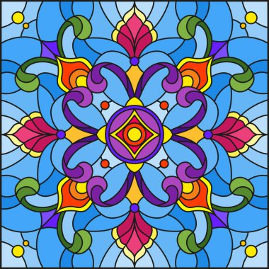 Vitray illüstrasyon soyut çiçek süslemeli çiçekler, yaprakları ve mavi arka plan, kare resim bukleler