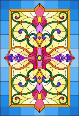 İllüstrasyon soyut swirls, vitray tarzında çiçekler ve sarı bir arka plan mavi çerçeve içinde yaprak