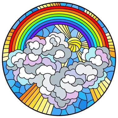 Göksel manzara, güneşin ve bulutların görüntü yuvarlak gökkuşağı arka plan üzerinde renkli cam stiliyle çizimde