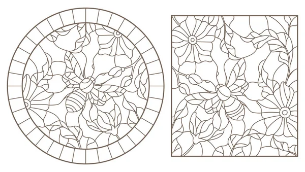 一套彩色玻璃窗户的轮廓插图与蜜蜂和鲜花, 圆形和长方形图像 — 图库矢量图片