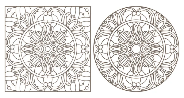 Ensemble d'illustrations de contours avec motifs floraux abstraits, image ronde et carrée, contours sombres sur fond blanc — Image vectorielle