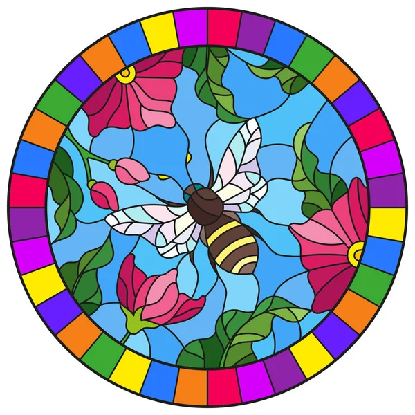 Ilustração em estilo vitral com flores rosa brilhantes e abelha em um fundo azul, imagem redonda em quadro brilhante —  Vetores de Stock