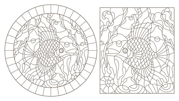 Set van contour illustraties van gebrandschilderd glas Windows met vissen op de achtergrond van de zeebodem en de algen, donkere contouren op een witte achtergrond — Stockvector
