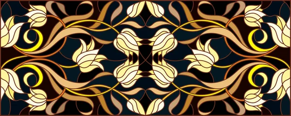 Ilustración en estilo vitral con adorno floral, imitación dorada sobre fondo oscuro con remolinos y motivos florales — Vector de stock