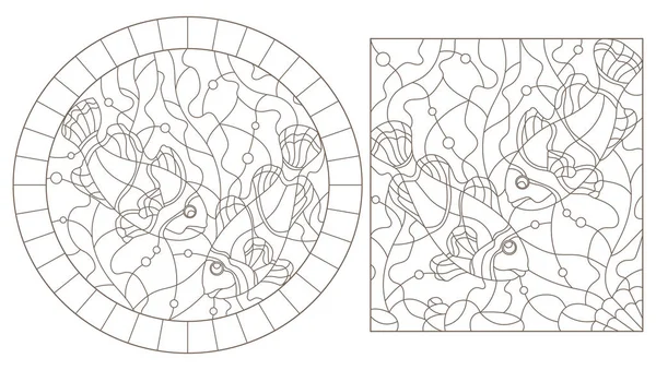 Set of contour illustrations of stained glass Windows with fishes on the background of the seabed and algae, dark contours on a white background — Stock Vector