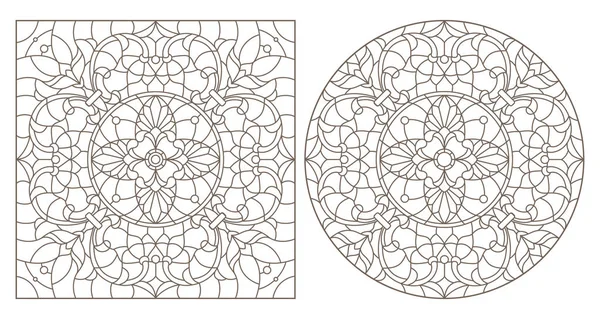 Conjunto de ilustraciones de contorno con patrones florales abstractos, imagen redonda y cuadrada, contornos oscuros sobre fondo blanco — Archivo Imágenes Vectoriales