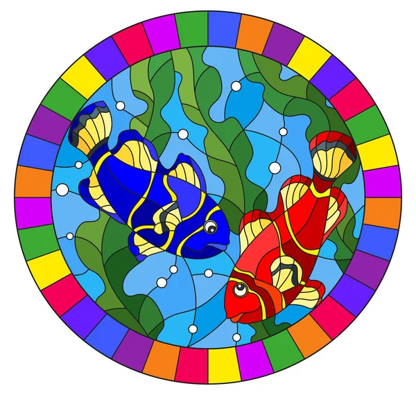Ilustración en estilo vitral con un par de peces brillantes en el fondo de agua y algas, imagen oval en un marco brillante — Vector de stock