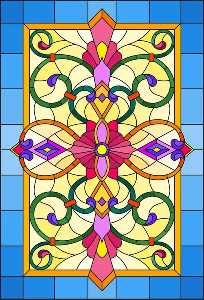 Illustration en vitrail avec des tourbillons abstraits, des fleurs et des feuilles sur fond jaune dans un cadre bleu — Image vectorielle