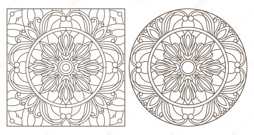 Set of contour illustrations with abstract floral patterns, round and square image, dark contours on white background