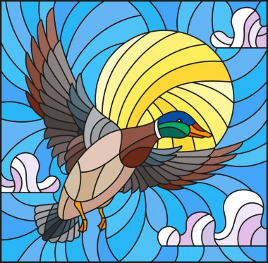 Gökyüzü, güneşin ve bulutların vitray tarzı resim arka planda uçan bir ördek çizimi