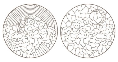 Dekoratif merdivenler göksel manzaralar, yuvarlak görüntüleri, beyaz bir arka plan üzerinde koyu konturlar ile kontur çizimleri kümesi