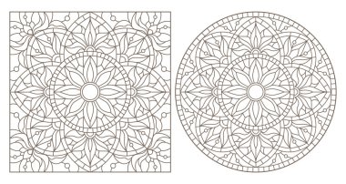 Soyut çiçek desenleri, yuvarlak ve kare görüntü, beyaz zemin üzerine koyu konturlar ile kontur illüstrasyonlar kümesi