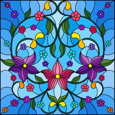 Vitray tarzı çiçek, soyut çiçek süslemeli çizimde bırakır ve mavi arka plan, kare görüntü bukleler