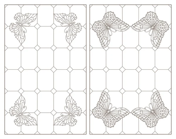 Un conjunto de ilustraciones de contorno de vidrieras con mariposas, contornos oscuros sobre un fondo blanco — Archivo Imágenes Vectoriales