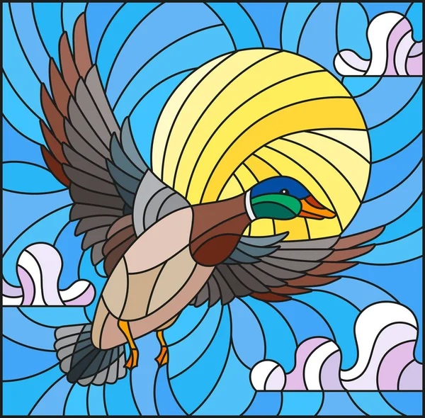 Die Illustration in Glasmalerei mit einer fliegenden Ente auf dem Hintergrund von Himmel, Sonne und Wolken — Stockvektor